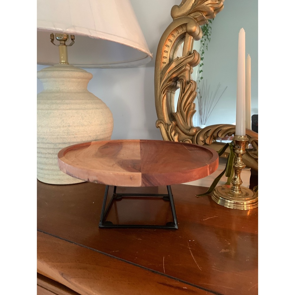 Acacia Wood Cake Stand Pedestal Tray‎ Black Metal Base 12 Inch Round Two-Tone
